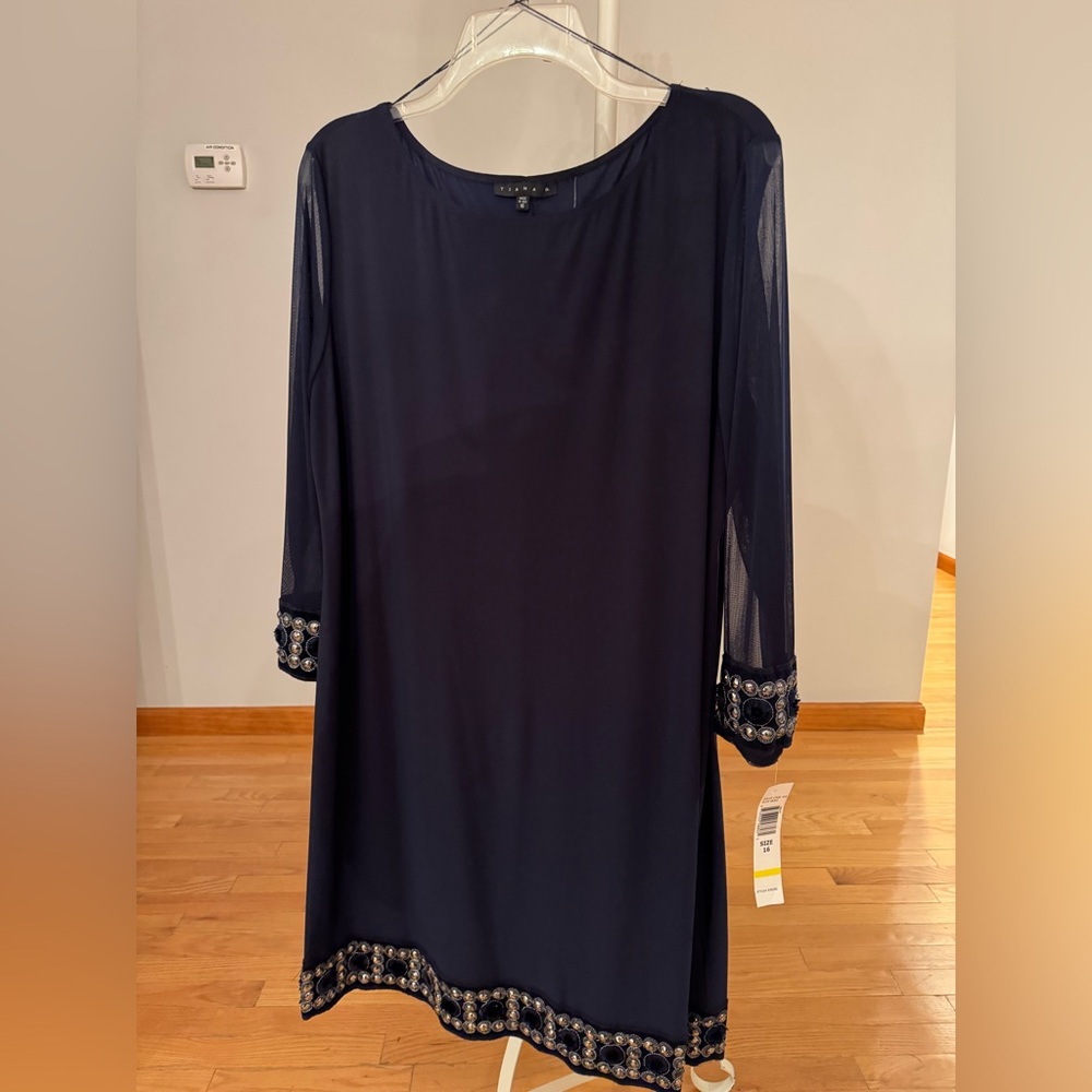 NWT Navy Blue Dress by Tiana B., Size 16, Sheer Sleeves, Beaded Cuffs + Trim